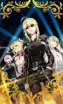  1boy 3girls artoria_pendragon_(all) artoria_pendragon_(lancer) bandanna bedivere black_jacket black_pants blood bloody_clothes braid card_(medium) card_parody chains cigarette craft_essence delinquent dog_tags dutch_angle fate/apocrypha fate/grand_order fate/stay_night fate_(series) french_braid green_eyes hair_over_one_eye hand_in_pocket jacket lavender_hair leather leather_jacket mash_kyrielight mordred_(fate) mordred_(fate)_(all) multiple_girls pants parody redrop short_hair sidelocks signature skin_tight skull_print sleeves_rolled_up smirk smoking sunglasses 