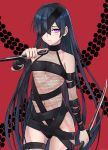  1girl bangs bare_shoulders black_hair black_ribbon closed_mouth commentary_request eyebrows_visible_through_hair fate/grand_order fate_(series) fishnets hair_over_one_eye highres holding holding_sword holding_weapon katana kunai long_hair looking_at_viewer mochizuki_chiyome_(fate/grand_order) navel red_background revealing_clothes ribbon solo sword very_long_hair violet_eyes weapon yukihama 