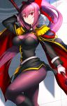  1girl alternate_hairstyle breasts eyebrows_visible_through_hair fate/grand_order fate_(series) gae_bolg hair_ribbon highres holding holding_spear holding_weapon large_breasts long_hair looking_at_viewer polearm ponytail purple_hair red_eyes ribbon scathach_(fate/grand_order) solo spear srsojiro very_long_hair weapon 