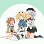  3girls :d annin_musou beret black_hat black_legwear black_miniskirt black_skirt blonde_hair blue_eyes breast_pocket brown_eyes buttons commentary_request epaulettes frilled_sleeves frills full_body gambier_bay_(kantai_collection) gloves green_jacket hair_between_eyes hairband hairstyle_connection hat highres i-26_(kantai_collection) jacket kantai_collection kashima_(kantai_collection) kerchief kneehighs light_brown_eyes light_brown_hair long_hair long_sleeves military military_jacket military_uniform multicolored multicolored_clothes multicolored_gloves multiple_girls neckerchief new_school_swimsuit open_mouth pleated_skirt pocket red_neckwear school_swimsuit short_hair short_sleeves sidelocks silver_hair skirt smile swimsuit thigh-highs trait_connection twintails two-tone_hairband two_side_up uniform wavy_hair white_jacket white_legwear 