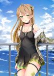  1girl ahoge bangs bare_shoulders black_choker blue_sky blush bow breasts brown_hair camouflage_jacket choker clouds collarbone dog_tags double_bun dress eyebrows_visible_through_hair fur_trim girls_frontline green_eyes hair_between_eyes hair_bow jacket jewelry leaning_against_railing long_hair looking_at_viewer medium_breasts meiji_(gldm-meiji) necklace ocean off_shoulder open_mouth outdoors rfb_(girls_frontline) sidelocks sky solo strap thigh_strap thighs waves 