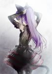  1girl adjusting_hair animal_ears arms_up black_dress black_legwear cat_ears cat_tail detached_sleeves dress elin_(tera) emily_(pure_dream) from_behind gothic_lolita green_eyes lolita_fashion long_hair looking_back pantyhose ponytail purple_hair solo tail tera_online 