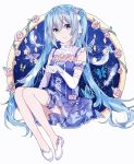  1girl blue_dress blue_eyes blue_hair butterfly dress elbow_gloves feathers flower gloves gocoli hair_ribbon hatsune_miku highres long_hair looking_at_viewer ribbon rose sitting solo twintails very_long_hair vocaloid white_gloves 