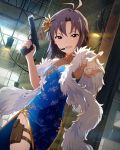  1girl antenna_hair artist_request black_eyes black_hair china_dress chinese_clothes dress finger_gun gun hair_ornament handgun holster idolmaster idolmaster_(classic) kikuchi_makoto looking_at_viewer microphone quipao short_hair solo tokarev_tt-33 trigger_discipline weapon 