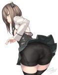  1girl artist_name ass black_legwear black_shorts black_skirt brown_eyes brown_hair dated headgear kantai_collection long_sleeves open_mouth pleated_skirt rokuwata_tomoe short_hair shorts simple_background skirt solo taihou_(kantai_collection) thigh-highs twitter_username white_background 