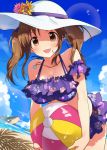  1girl :d arm_scrunchie ball bare_shoulders beach beachball blue_sky blush breasts brown_eyes brown_hair cleavage clouds floral_print from_below hat idolmaster idolmaster_cinderella_girls large_breasts looking_at_viewer medium_hair ocean open_mouth shadow sky smile solo sun_hat swimsuit totoki_airi twintails two_piece white_hat yunion_(sibujya) 