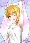  1girl arm_up armpits asymmetrical_hair bangs blonde_hair blush breasts camisole cleavage collarbone dated eyebrows_visible_through_hair green_eyes h2_(h20000000) heart idolmaster idolmaster_cinderella_girls looking_at_viewer medium_breasts miyamoto_frederica one_eye_closed short_hair smile sparkle white_camisole 