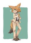  1girl :d adapted_costume belt black-backed_jackal_(kemono_friends) brown_gloves brown_hair commentary_request extra_ears fang full_body gloves green_background green_eyes jackal_ears jackal_tail kemono_friends looking_away necktie open_mouth pants shoes short_hair simple_background smile solo teranekosu white_neckwear 