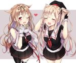  2girls :d ;d asymmetrical_clothes black_ribbon black_serafuku black_skirt blonde_hair blush closed_eyes commentary fingerless_gloves gloves hair_flaps hair_ribbon hat heart heart_print highres kantai_collection kona_(mmmkona) light_brown_hair long_hair looking_at_viewer multiple_girls murasame_(kantai_collection) neckerchief one_eye_closed open_mouth pleated_skirt red_eyes remodel_(kantai_collection) ribbon scarf school_uniform serafuku skirt smile twintails two-tone_background two_side_up white_gloves white_scarf yuudachi_(kantai_collection) 