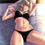  111lyz 1girl adjusting_bra adjusting_clothes bed bed_sheet black_bra black_panties blue_eyes blush bra breasts cleavage commentary_request cowboy_shot dated green_eyes heterochromia idolmaster idolmaster_cinderella_girls indoors looking_at_viewer lying medium_breasts mole mole_under_eye navel on_back on_bed panties parted_lips pillow short_hair solo takagaki_kaede twitter_username underwear 