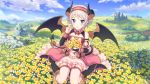  1girl blue_eyes boots cygames demon_tail demon_wings earrings field flower flower_field grey_hair horns jewelry kazemiya_yori knee_boots official_art princess_connect! tail wings 