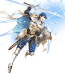  1boy armor blue_eyes blue_hair cape fire_emblem fire_emblem:_kakusei fire_emblem_heroes full_body highres krom shield short_hair solo sword transparent_background weapon 