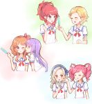  6+girls :d ^_^ aikatsu! amahane_madoka blonde_hair blue_hairband blue_ribbon blush braid brown_eyes brown_hair cheek_poking closed_eyes collarbone food hair_ornament hair_ribbon hair_scrunchie hairband high_ponytail highres hikami_sumire holding holding_food kurebayashi_juri kurosawa_rin_(aikatsu!) light_brown_hair makiaato multiple_girls one_side_up oozora_akari open_mouth pink_eyes pink_hair pink_ribbon poking ponytail popsicle profile puffy_short_sleeves puffy_sleeves purple_hair redhead ribbon sailor_collar school_uniform scrunchie serafuku shinjou_hinaki shirt short_hair short_sleeves smile star star_hair_ornament starlight_academy_uniform tongue tongue_out twintails violet_eyes white_sailor_collar white_shirt wing_hair_ornament yellow_scrunchie yuri 