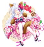  1girl ;d ahoge alternate_costume animal_ears blue_hair floral_print flower full_body furisode hair_flower hair_ornament japanese_clothes kimono long_hair looking_at_viewer nonno official_art one_eye_closed open_mouth paw_mittens smile solo tail tail_censor thigh-highs tokinon violet_eyes white_legwear x-overd 