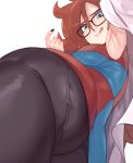  1girl android_21 armpits ass black_nails blue_eyes breasts brown_hair curvy dragon_ball dragon_ball_fighterz erect_nipples glasses glo-s-s highres hips huge_ass licking_lips looking_at_viewer nail_polish pantyhose simple_background smile solo thick_thighs thighs tongue tongue_out wide_hips 