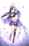  1girl :d asymmetrical_legwear barefoot black_hair black_legwear black_skirt butterfly crop_top detached_sleeves full_body hand_up headpiece jian_wang_3 kangetsu_(fhalei) long_hair long_sleeves navel open_mouth purple_skirt skirt smile solo stirrup_legwear violet_eyes 