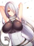 1girl armpits arms_behind_head bangs bear_hair_ornament belt blush breasts chixiao eyebrows_visible_through_hair floating_hair girls_frontline hair_ornament hair_ornament_removed hair_over_one_eye highres large_breasts long_hair looking_at_viewer necktie parted_lips pk_(girls_frontline) red_eyes scarf sidelocks silver_hair solo torn_clothes very_long_hair 