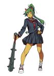  1girl absurdres blue_eyes club commentary contrapposto eyebrows_visible_through_hair green_hair hand_on_hip highres horns kanabou long_hair looking_at_viewer oni original pleated_skirt ponytail school_uniform shoes skirt smile sneakers solo twinpoo weapon yellow_skin 