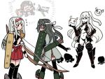  &gt;_&lt; 5girls aircraft aircraft_carrier_hime airplane armor armored_boots black_panties boots bow_(weapon) chiyoda_(kantai_collection) commentary_request elbow_gloves enemy_aircraft_(kantai_collection) flight_deck flying_sweatdrops from_behind gloves grey_hair hairband hakama_skirt hand_on_hip kagerou_(kantai_collection) kantai_collection long_hair multiple_girls muneate navel o_o panties partly_fingerless_gloves quiver shinkaisei-kan shoukaku_(kantai_collection) side_ponytail simple_background skirt standing terrajin thigh-highs torn_clothes underwear weapon white_background white_hair white_skirt yugake zuikaku_(kantai_collection) 