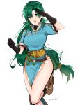  1girl absurdres alternate_hairstyle blush breasts dotentity dress fire_emblem fire_emblem:_rekka_no_ken fire_emblem_heroes gloves green_eyes green_hair high_ponytail highres jewelry large_breasts long_hair looking_at_viewer lyndis_(fire_emblem) ponytail sharena simple_background smile solo very_long_hair white_background 