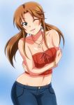  1girl ;d aqua_eyes bangs bare_arms bare_shoulders blue_background blush bracelet breasts brown_hair buttons casual cleavage collarbone cowboy_shot denim eyebrows_visible_through_hair gradient gradient_background head_tilt idolmaster idolmaster_cinderella_girls jeans jewelry long_hair looking_at_viewer low_twintails matsumoto_sarina medium_breasts navel necklace one_eye_closed open_mouth pants parted_bangs pearl_bracelet pendant pink_ribbon ribbon self_hug sidelocks smile solo standing star_necklace stomach strapless tanuki_(metaltanuki) tubetop twintails 