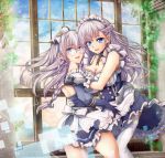  2girls anchor_hair_ornament apron azur_lane back backless_outfit bangs bare_back bare_shoulders belfast_(azur_lane) blue_dress blue_eyes blue_gloves blue_sky bow braid breasts cleavage clouds crossed_bangs day dress edinburgh_(azur_lane) eyebrows eyebrows_visible_through_hair eyelashes facing_another floating_hair french_braid frilled_apron frilled_dress frills glasses gloves hair_between_eyes hair_bow hair_ornament highres large_breasts long_hair looking_at_viewer maid maid_apron maid_headdress multiple_girls n_funiya open-back_dress open_mouth rimless_eyewear round_eyewear short_dress silver_hair sky smile straight_hair teeth thigh-highs twin_braids waist_apron white_apron white_bow white_legwear window zettai_ryouiki 