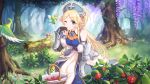  1girl arm_guards ayase_yukari bare_shoulders berries bird blonde_hair cross cygames forest hat long_hair nature official_art pointy_ears princess_connect! violet_eyes 