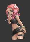  1girl agent_8 armband chiyo_maru crop_top fang green_eyes grey_background hand_to_own_mouth highres midriff miniskirt navel open_mouth pink_hair pointy_ears short_hair simple_background single_sleeve skirt solo splatoon splatoon_2 splatoon_2:_octo_expansion takozonesu tank_top tentacle tentacle_hair thigh_strap 