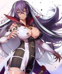  1girl :o aqua_hair bare_shoulders blush breasts cleavage covered_navel cowboy_shot cozy crossed_bangs dress hair_between_eyes half-closed_eyes highres impossible_clothes impossible_dress isabelle_(shadowverse) large_breasts long_hair long_sleeves looking_at_viewer multicolored_hair open_mouth purple_hair shadowverse shiny shiny_skin short_dress shoulder_cutout simple_background sleeves_past_wrists solo standing two-tone_hair v-shaped_eyebrows very_long_hair violet_eyes waist_cape white_background 