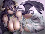  albedo black_hair black_wings breasts cleavage demon_girl demon_horns demon_wings detached_collar dress feathered_wings gloves hair_between_eyes highres hip_vent horns kumiko_shiba large_breasts looking_at_viewer low_wings lying on_side overlord_(maruyama) slit_pupils white_dress white_gloves wings yellow_eyes 