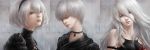  1boy 2girls android black_shirt bob_cut breasts choker closed_mouth collarbone commentary commentary_request face grey_background grey_eyes grey_hair hair_between_eyes highres lips long_hair looking_at_viewer looking_away looking_down multiple_girls nier_(series) nier_automata nose parted_lips realistic serious shirt short_hair signature sleeveless small_breasts tiara turtleneck wariko yorha_no._2_type_b yorha_no._9_type_s yorha_type_a_no._2 
