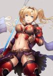  1girl apron arm_guards armor belt belt_buckle black_hairband black_legwear black_shorts blonde_hair blue_eyes boots breasts brown_gloves buckle cleavage eyebrows_visible_through_hair from_below gloves granblue_fantasy grey_background groin hairband holding holding_staff kyoeiki large_breasts legs_apart light_particles long_hair looking_at_viewer looking_down navel parted_lips red_footwear shawl short_shorts shorts simple_background smile solo staff standing stomach swimsuit thigh-highs thigh_boots thighhighs_under_boots toned twintails v-shaped_eyebrows waist_apron zeta_(granblue_fantasy) 