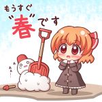  1girl :o blush brown_coat brown_footwear chibi coat commentary_request eyebrows_visible_through_hair full_body grouse01 hair_ribbon mittens orange_hair pink_scarf red_eyes red_ribbon ribbon rumia scarf short_hair shovel snowman solo standing touhou translation_request winter_clothes worktool 