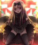  1girl black_bow black_legwear black_skirt blonde_hair blood blood_from_mouth bow demon_wings eyebrows_visible_through_hair hair_bow halloween kneeling looking_at_viewer open_mouth original outdoors psyche3313 red_eyes skirt skirt_lift solo thigh-highs tongue tongue_out wings 