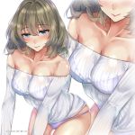  111lyz 1girl bangs bare_shoulders blue_eyes blush breasts brown_hair cleavage closed_mouth collarbone commentary_request cowboy_shot dated green_eyes heterochromia highres idolmaster idolmaster_cinderella_girls leaning_forward looking_at_viewer medium_breasts mole mole_under_eye no_pants off-shoulder_shirt off_shoulder panties purple_panties ribbed_sweater shirt short_hair solo standing sweater takagaki_kaede twitter_username underwear zoom_layer 