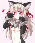  1girl animal_ears bangs bare_shoulders bell black_gloves blonde_hair blush breasts cat_ears center_opening closed_mouth elbow_gloves eyebrows_visible_through_hair fake_animal_ears fate/kaleid_liner_prisma_illya fate_(series) fur_collar gloves hair_between_eyes hair_ribbon hand_up heart illyasviel_von_einzbern jingle_bell long_hair looking_at_viewer navel paw_pose pink_background pink_eyes qingchen_(694757286) red_ribbon revealing_clothes ribbon shiny shiny_hair simple_background small_breasts smile solo stomach under_boob upper_body very_long_hair 