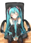  1girl ^_^ aqua_hair aqua_neckwear bare_shoulders black_legwear blue_nails blush chair closed_eyes commentary dated detached_sleeves eyebrows_visible_through_hair facing_viewer grin hatsune_miku highres long_hair nail_polish necktie office_chair pentagon_(railgun_ky1206) sitting smile solo tattoo thigh-highs twintails very_long_hair vocaloid wooden_floor 