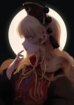  1girl absurdres bing_bing blonde_hair chinese_clothes closed_mouth expressionless from_side hand_to_own_mouth highres junko_(touhou) long_hair moon pom_pom_(clothes) red_eyes solo tabard touhou upper_body 