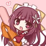  1girl :d apron blush bow chibi commentary_request flower hair_bow hair_flower hair_ornament heart kamikaze_(kantai_collection) kantai_collection komakoma_(magicaltale) long_hair looking_at_viewer maid_headdress open_mouth pink_background purple_hair smile solo violet_eyes 