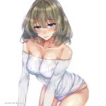  111lyz 1girl bangs bare_shoulders blue_eyes blush breasts brown_hair cleavage closed_mouth collarbone cowboy_shot dated green_eyes heterochromia highres idolmaster idolmaster_cinderella_girls leaning_forward looking_at_viewer medium_breasts mole mole_under_eye no_pants off-shoulder_shirt off_shoulder panties purple_panties ribbed_sweater shirt short_hair solo standing sweater takagaki_kaede twitter_username underwear 