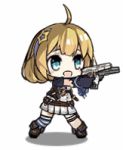  1girl animated animated_gif chibi dual_wielding girls_frontline gloves gun gun_twirling hairband handgun lowres m1911 m1911_(girls_frontline) official_art one_eye_closed pistol skirt smile weapon 