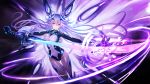  1girl absurdres armor armored_boots blue_eyes bodysuit boots breasts covered_navel drawing_sword energy_sword gauntlets hair_between_eyes headgear highres holding holding_sword holding_weapon large_breasts long_hair looking_at_viewer materializing multiple_wings neptune_(series) next_purple power_symbol purple_hair purple_heart shin_jigen_game_neptune_vii skin_tight smile solo sword symbol-shaped_pupils twintails very_long_hair weapon wings zhuore_zhi_hen 