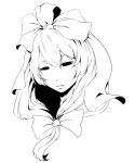  1girl commentary_request front_ponytail greyscale hair_between_eyes hair_ribbon head_only highres kagiyama_hina looking_at_viewer monochrome ribbon simple_background solo touhou yurakokko 