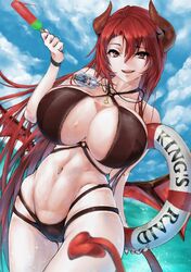  bikini breasts epis_(king&#039;s_raid) horns huge_breasts looking_at_viewer red_eyes redhead smile 