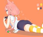  1girl absurdres animal_ears ass bike_shorts blue_eyes cat_ears highres hinata_channel legs long_hair lying nekomiya_hinata no_tail on_stomach pink_hair shorts simple_background smile solo striped striped_legwear thigh-highs twintails vest 