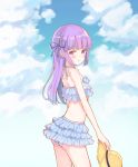  1girl absurdres aikatsu! ass bangs bare_arms bare_shoulders bikini blue_bikini blue_ribbon blue_sky blush clouds cloudy_sky day eyebrows_visible_through_hair hair_ribbon halter_top halterneck hat hat_removed headwear_removed highres hikami_sumire holding holding_hat layered_bikini long_hair looking_away looking_down looking_to_the_side makiaato outdoors purple_hair ribbon sidelocks sky solo straw_hat swimsuit very_long_hair violet_eyes 