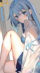  1girl bangs bare_legs blue_eyes blue_hair blue_skirt blush breasts cape closed_mouth feet_out_of_frame fortissimo fortissimo_hair_ornament frills from_side frown hair_ornament knee_up kouyafu light long_hair looking_at_viewer looking_to_the_side mahou_shoujo_madoka_magica miki_sayaka miniskirt planted_sword planted_weapon see-through shiny shiny_hair skirt small_breasts solo sword very_long_hair water_drop weapon wet wet_clothes wet_hair white_cape 