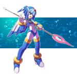  1girl blue_eyes bodysuit boots bubble capcom full_body gloves helmet holding holding_spear holding_weapon inti_creates leviathan_(rockman) nagita0 open_mouth polearm rockman rockman_zero solo spear standing thigh-highs thigh_boots water weapon white_gloves 