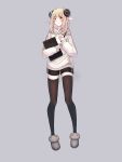  1girl absurdres black_legwear blonde_hair blush brown_eyes closed_mouth eyebrows_visible_through_hair full_body grey_background highres horns kimsw0522 looking_at_viewer medium_hair original pointy_ears simple_background slippers smile solo stylus tablet tall thigh-highs 