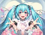  1girl 39 :d ahoge aqua_eyes aqua_hair blurry bridal_gauntlets depth_of_field flower hatsune_miku heart highres long_hair looking_at_viewer miku_append moonandmist open_mouth outstretched_arms petals smile solo twintails upper_body vocaloid vocaloid_append 